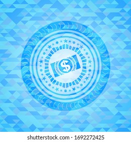 money, dollar bill icon inside realistic light blue mosaic emblem