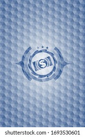Geld, Dollar-Wechselsymbol innerhalb eines blauen polygonal-Badge.
