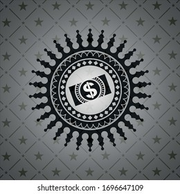 Geld, Dollar-Wechselsymbol innerhalb eines realistischen dunklen Emblems