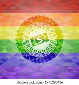 money, dollar bill icon inside emblem on mosaic background with the colors of the LGBT flag. 