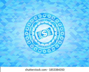 money, dollar bill icon inside sky blue emblem. Mosaic background. 