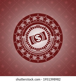 money, dollar bill icon inside realistic red emblem. 
