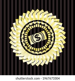 money, dollar bill icon inside gold shiny emblem. 
