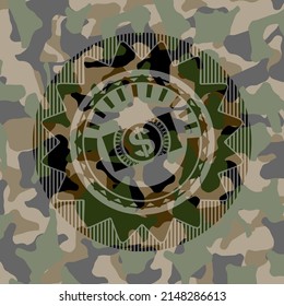 dinero, icono del billete de dólar dentro del emblema de camo. 