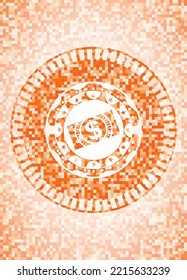 dinero, icono del billete en dólares dentro del emblema abstracto del mosaico naranja. 