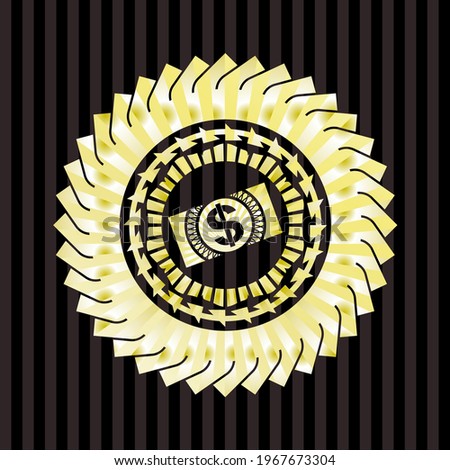 money, dollar bill icon inside gold shiny emblem. 