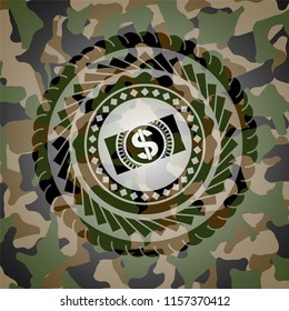 money, dollar bill icon on camouflaged texture