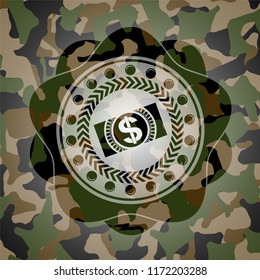 money, dollar bill icon on camouflage texture
