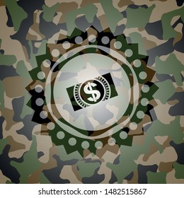money, dollar bill icon on camouflage pattern