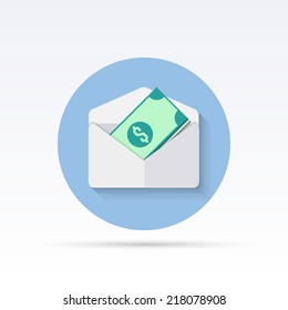 Money dollar bills in an open envelope. Flat circle icon. Vector Illustration
