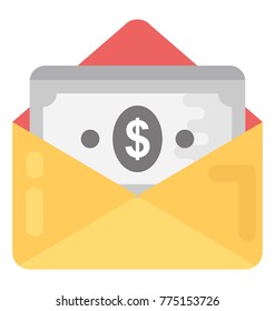 Money dollar bills in and open envelope, Flat icon