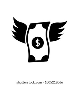 Dinero con alas negras. Fondo blanco plano. Dinero volador. Economía, finanzas, pictograma de dinero. Símbolo de riqueza. Ilustración vectorial. Libre, fácil. Gasto, gastos