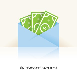 Money - dollar cash banknotes in envelope with reflection isolated on white with copy space. Idea - Big profit, Bank account savings, Electronic money, E-commerce etc.