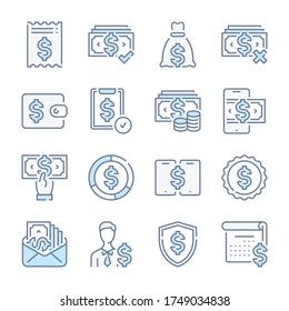 Money, Dollar Cash and Payment related blue line colored icons. Finance and Business icon set.