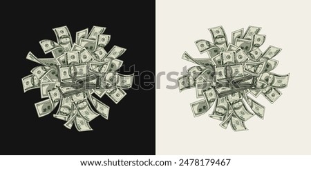 Money dollar circular composition like burst with pile of flying apart 100 dollar notes, banknotes. Design element in vintage style.