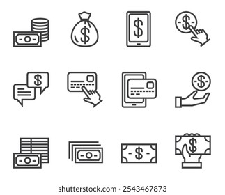 Dinheiro dólar moeda linha de dinheiro ícone simples isolado conjunto. Ilustração de design gráfico plano vetorial