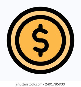 Money, Dollar Coin Vector Icon, Isolated Lineal Color Vector Icon.