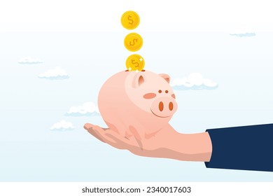 Money dollar coins drop into hand holding piggy bank, frugality, savings for prosperity or financial success, building wealth or thrifty, budgeting or cut spending to save money for future (Vector)