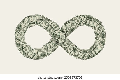 Composição de dinheiro em dólar em forma de símbolo infinito feito com notas de 100 dólares, notas. Ilustração para negócios, conceitos bancários. Elemento de design em estilo vintage.