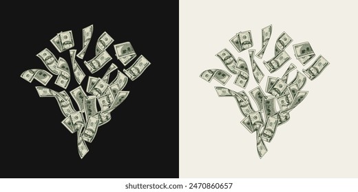 Money dollar composition like burst, firework with pile of flying apart 100 dollar notes, banknotes, bills. Composition, design element in vintage style.