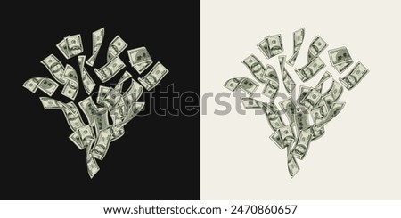 Money dollar composition like burst, firework with pile of flying apart 100 dollar notes, banknotes, bills. Composition, design element in vintage style.