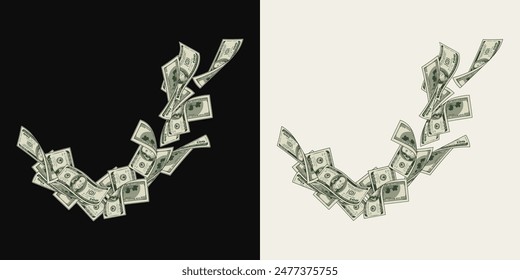 Money dollar composition like wave with flying up100 dollar notes, banknotes, bills. Illustration, design element in vintage style.