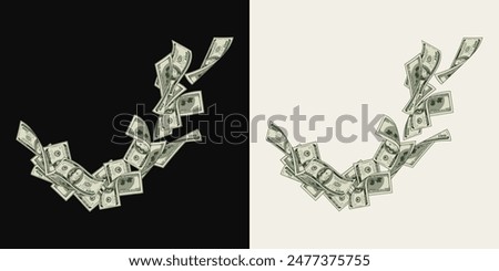 Money dollar composition like wave with flying up100 dollar notes, banknotes, bills. Illustration, design element in vintage style.