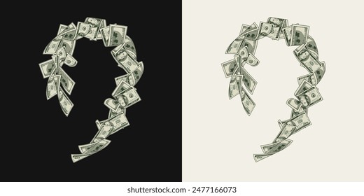 Money dollar curvy composition like cool wave with 100 dollar notes, banknotes, bills. Illustration, design element in vintage style.