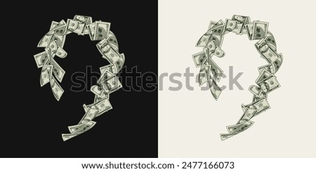 Money dollar curvy composition like cool wave with 100 dollar notes, banknotes, bills. Illustration, design element in vintage style.