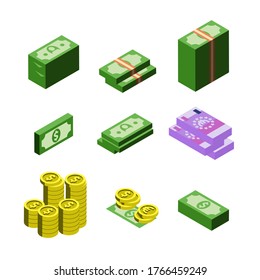 Money Dollar And Euro Banknotes Coins Isometric Set Vector. Collection Of Money Cash Heap Different Financial Currency. Bank Notes Capital Finance Exchange Greenback Illustration