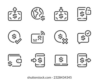 Money, Dollar and Finance vector line icons. Payment method and Online payment outline icon set. Money transfer, Online wallet, Pay by phone, Payment confirmed and more.