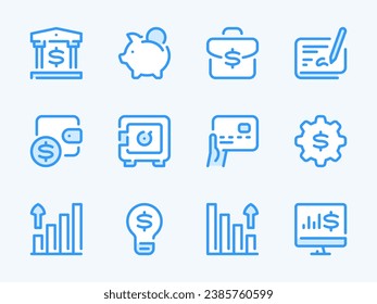 Iconos de línea vectorial de dinero, dólares y finanzas. Conjunto de iconos del esquema de servicios bancarios y financieros. Strongbox, Wallet, Financial idea, Piggy bank, Checkbook, Financial portfolio, y más.