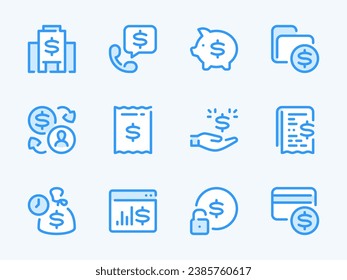 Iconos de línea vectorial de dinero, dólares y finanzas. Conjunto de iconos del esquema de servicios bancarios y financieros. Banco, Hipoteca, Préstamo, Crédito al Consumidor, Depósito, Dividendos y más.