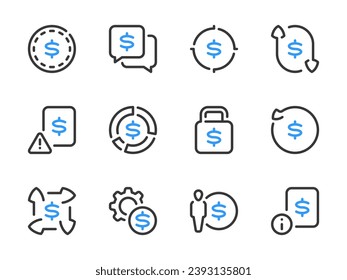 Money, Dollar and Finance vector line icons. Business and Financial advice outline icon set. Chart, Savings, Message, Lock, Money target, Statistical report and more.
