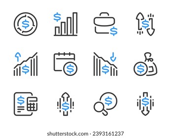 Money, Dollar and Finance vector line icons. Trading market and Financial analytics outline icon set. Stock portfolio, Trading schedule, Market profit, Investment search, Stock sales and more.
