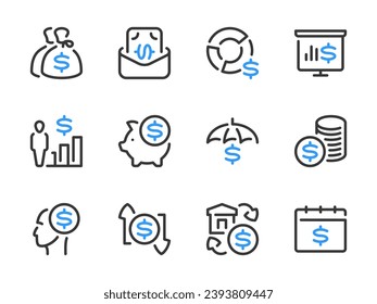 Money, Dollar and Finance vector line icons. Investment and Financial literacy outline icon set. Budget, Analytics report, Savings, Economy, Bank deposit and more.