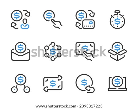 Money, Dollar and Finance vector line icons. Money transfer and Exchange outline icon set. Money movement, Salary, Savings, Cash income and more.