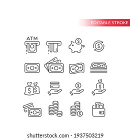 Money, dollar financial thin line vector set. Coin, money stack, wallet, banknote outline icons.