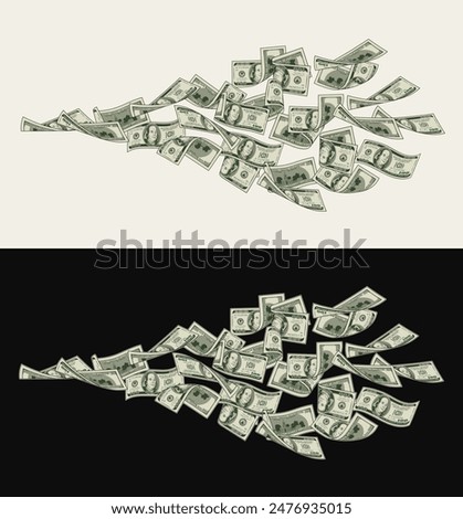 Money dollar horizontal composition with flying out 100 dollar notes, banknotes, bills. Illustration, design element in vintage style.