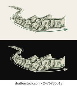 Money dollar horizontal composition like wave with 100 dollar notes, banknotes, bills. Perspective view. Illustration, design element in vintage style.