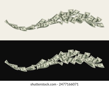 Money dollar horizontal composition like wave with 100 dollar notes, banknotes, bills. Illustration, design element in vintage style.