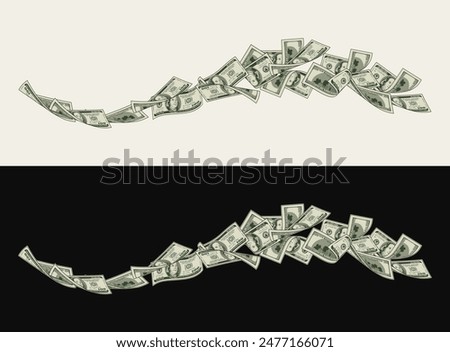 Money dollar horizontal composition like wave with 100 dollar notes, banknotes, bills. Illustration, design element in vintage style.