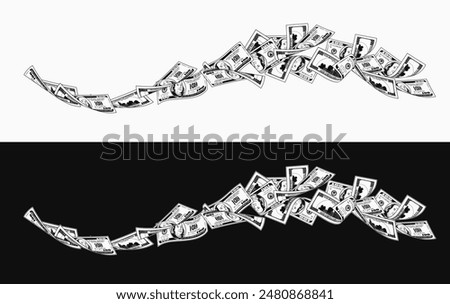 Money dollar horizontal composition like wave with 100 dollar notes, banknotes, bills. Illustration, design element in vintage style.