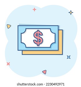 Money dollar icon in comic style. Exchange cash cartoon vector illustration on white isolated background. Banknote bill splash effect business concept.
