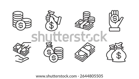 money dollar icon line set financial bank savings signs cash billfold dollar bag and coin stack symbol outline vector illustration