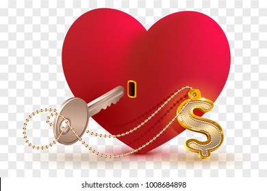 Money dollar is key to heart of your beloved. Red heart shape lock and key with key ring home. Isolated on transparent background vector illustration