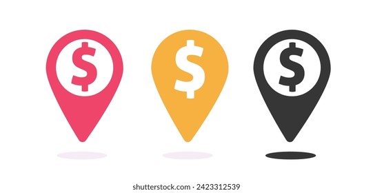 Money dollar map pin pointer marker sign icon vector graphic illustration set, simple pictogram of cash exchange or bank atm navigation point location arrow black red yellow image clipart