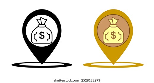 Money dollar map pin pointer marker sign icon vector graphic illustration set, simple pictogram of cash exchange or bank atm navigation point location arrow black red yellow image clipart