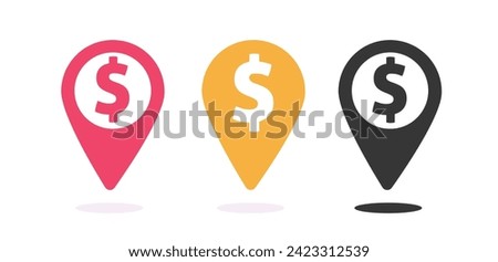 Money dollar map pin pointer marker sign icon vector graphic illustration set, simple pictogram of cash exchange or bank atm navigation point location arrow black red yellow image clipart