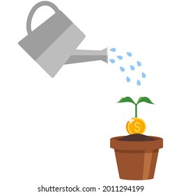 Money dollar plant and water can vector icon. Flower tree grow from coin in pot illustration. Watering gold currency sapling cartoon. Business and finance, compensation or investment concept